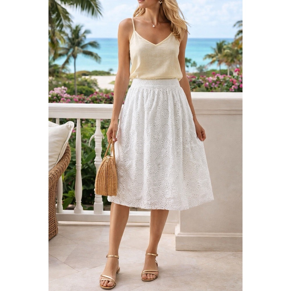 Lilly Pulitzer White Eyelet Lace Skirt Sz 00 Cotton Lined Boho Resort A-Line